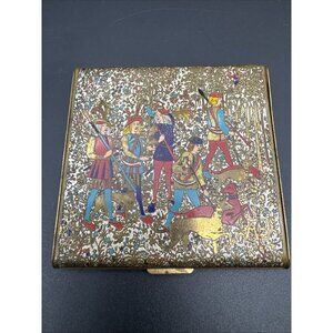 Vintage Volupte Brass Enamel Mirror Compact  Unicorn Dog Hunt Scene 40’s Mythic